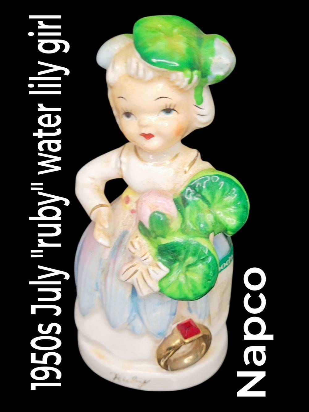 1950s July Ruby Birthstone Napco Water Lily Flower Ceramic Girl Figurine